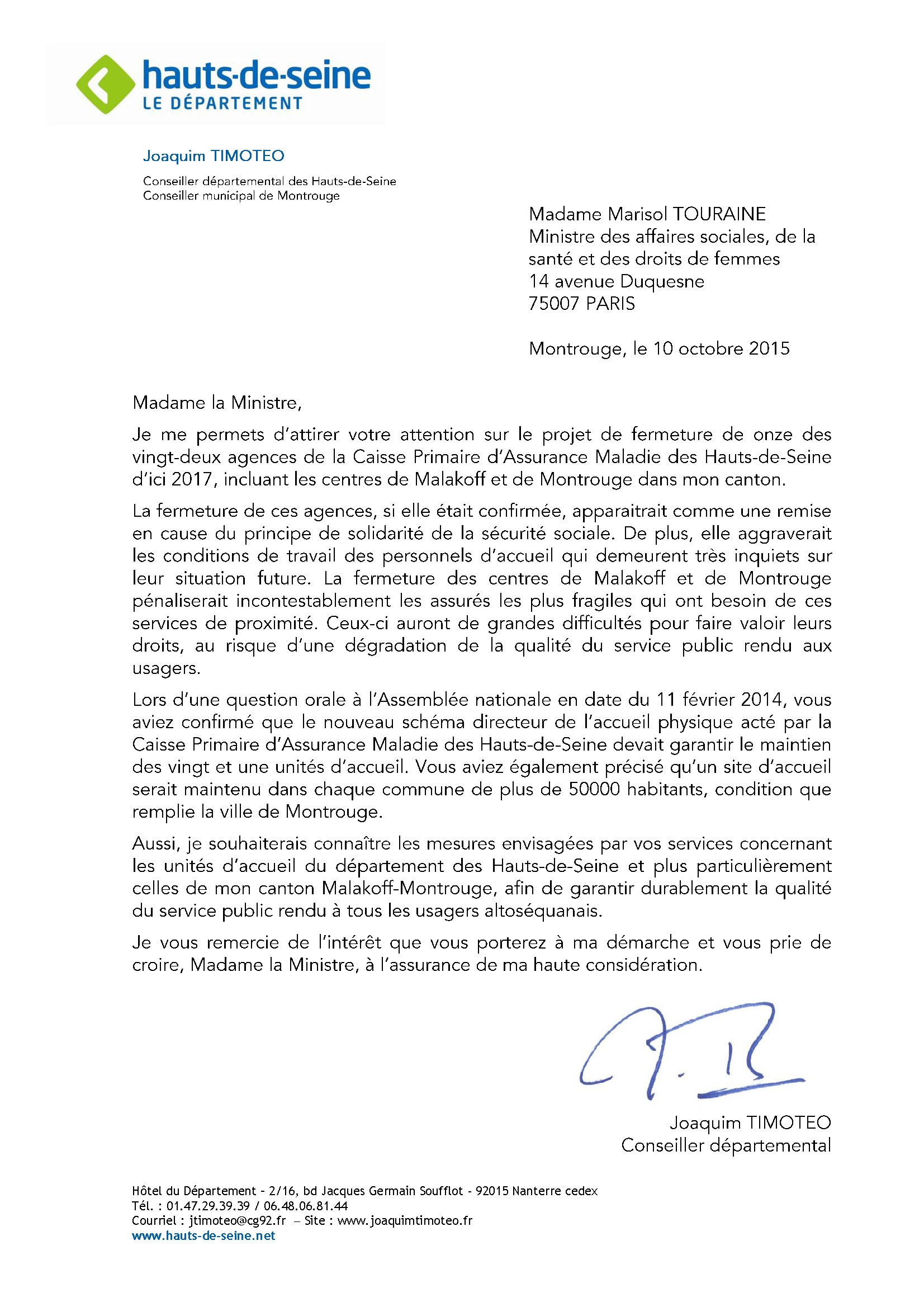 lettre CPAM92 Ministre sante
